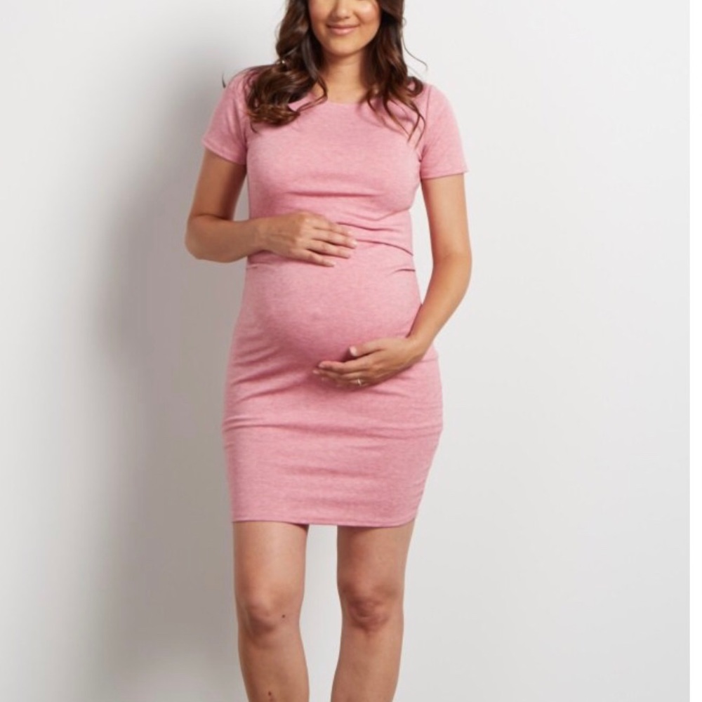Pink short sleeve fitted maternity dress